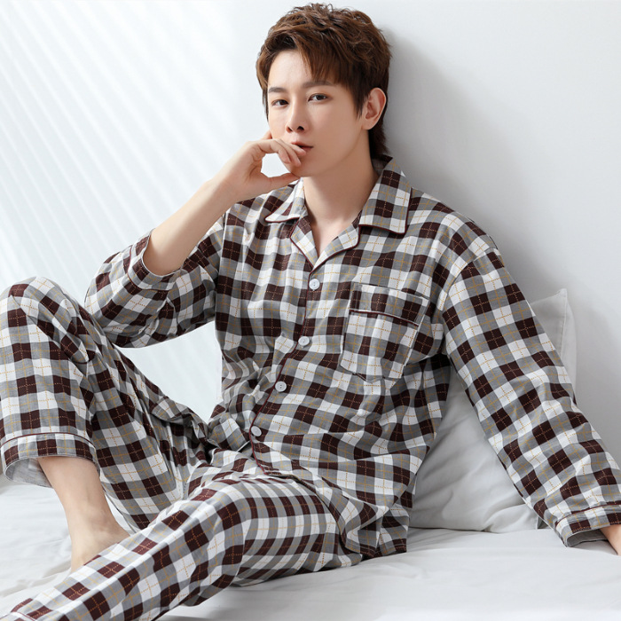 2024 nuevo pijama a cuadros para hombres primavera y otoño algodón de manga larga tamaño grande otoño y invierno para hombres se puede usar ropa para el hogar