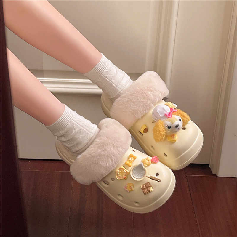 甜美少女心厚底增高洞洞鞋2025秋冬新款踩屎感防滑休闲包头棉拖鞋|undefined