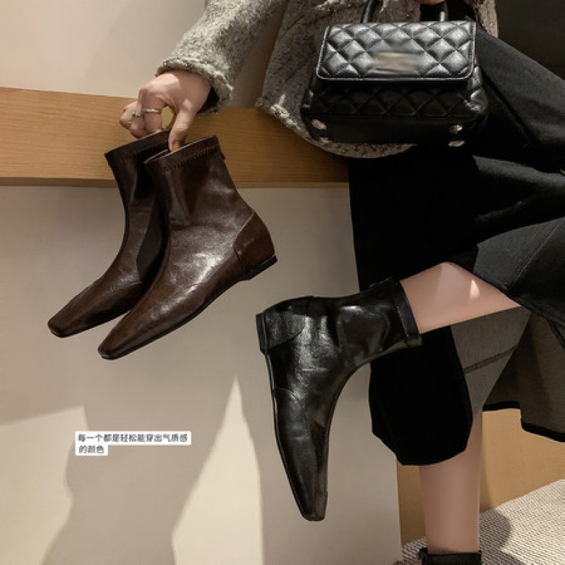 2025新款方头短靴女内增高时装靴子女坡跟及裸靴大码女靴41到43|undefined