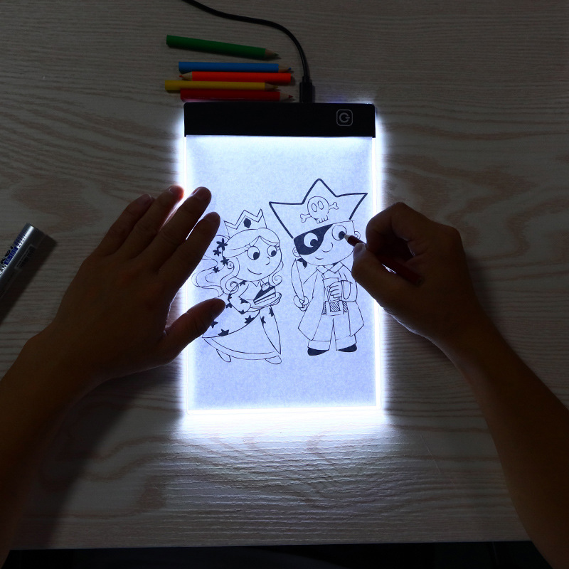 Amazon caliente A4 copia escritorio LED tablero luminoso copia de dibujos animados y escritorio pintura tablero de dibujo ventas directas de la fábrica