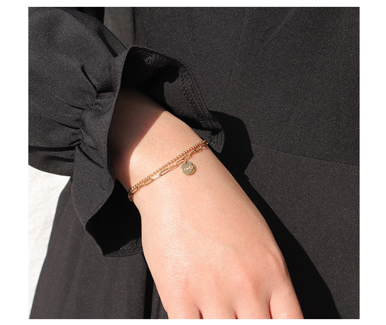15g Weight No Inlaid Inlay Material Titanium Steel Material Printing Pattern Women'S Gender Gold, Silver Color Lucky Round Brand Double Layer Necklace, Bracelet Set Round Beads Necklace Clavicle Chain Titanium Steel 18k Gold Plating P853-e184 3