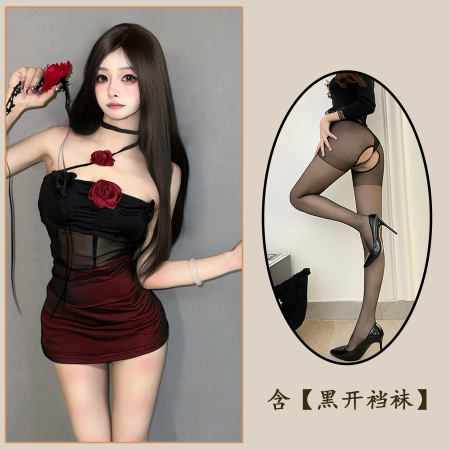 버건디 멜빵 + 블랙 가랑이 없는 양말
