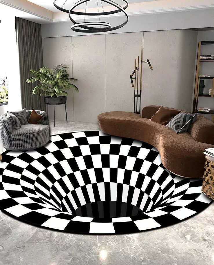 3D visual vértigo ilusión trampa alfombra redonda blanco y negro sala de estar mesa de café de cristal terciopelo casa dormitorio alfombra del piso
