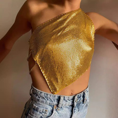 跨境新品女裝金屬亮片上衣辣妹穿搭女裝斜肩背心鏈條個性背心吊帶