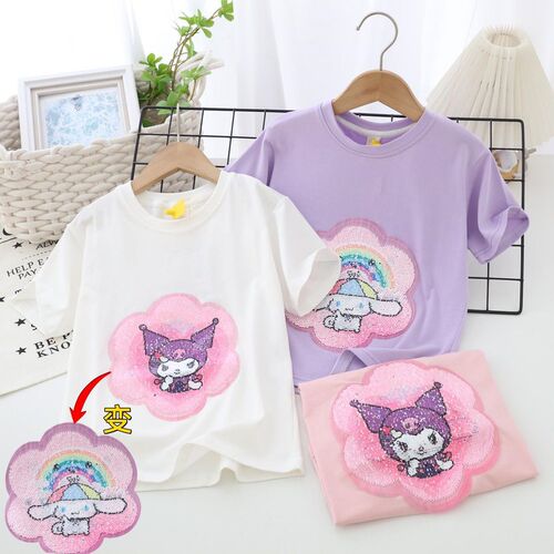 Girls summer thin Korean style T-shirt children's watermelon double-sided color-changing sequin short-sleeved 2024 children's clothing big children's tops