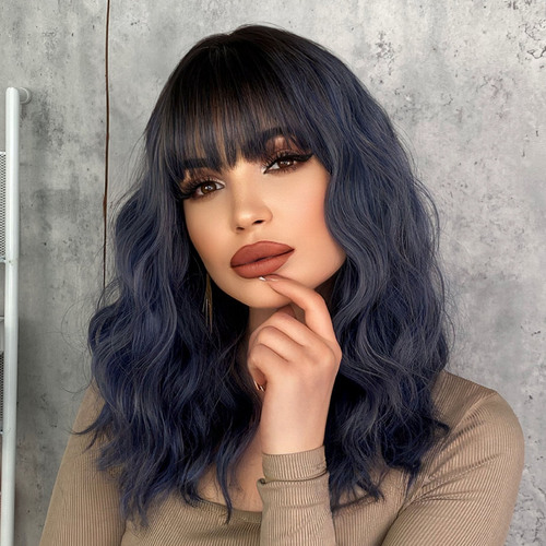Cross-border Japanese and Korean wigs for women haze blue wavy medium-long curly hair high temperature wire wig set Blue Wigs