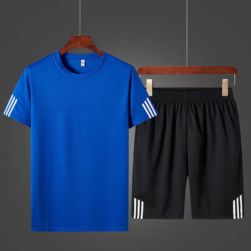 Comercio exterior deportivo grande manga corta hombre y mujer tres barras pantalones cortos ropa de secado rápido hombre personalizado dos piezas conjunto examen físico