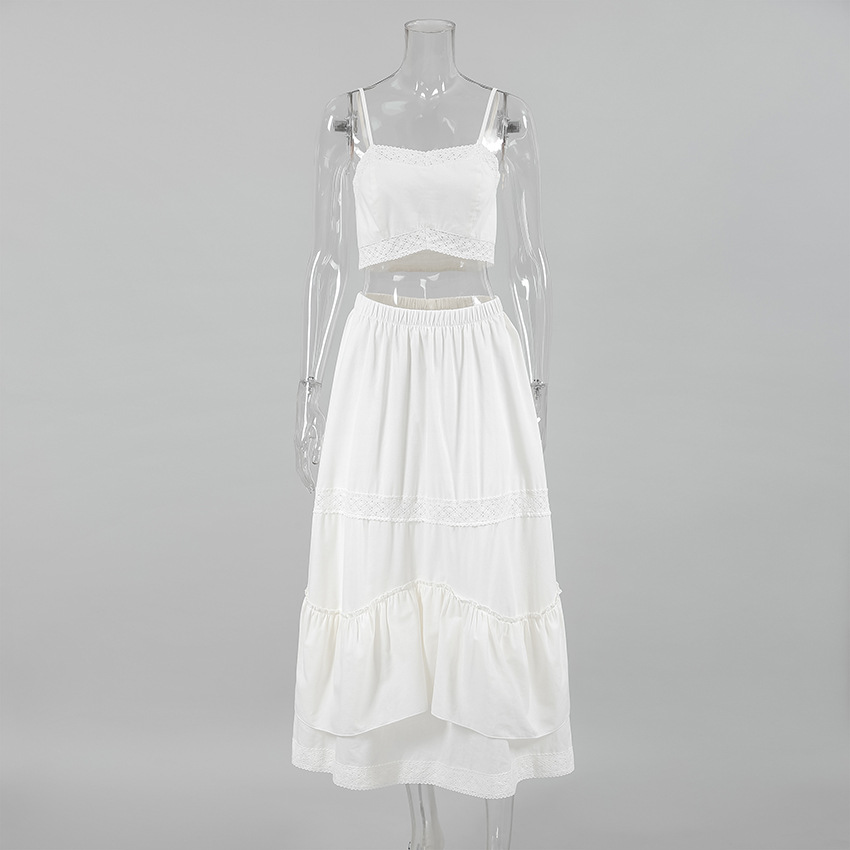 Spring Summer Sexy Design White Cotton Linen Sleeveless Square Collar Short Top Mid Waist Split Skirt Two Piece Sets