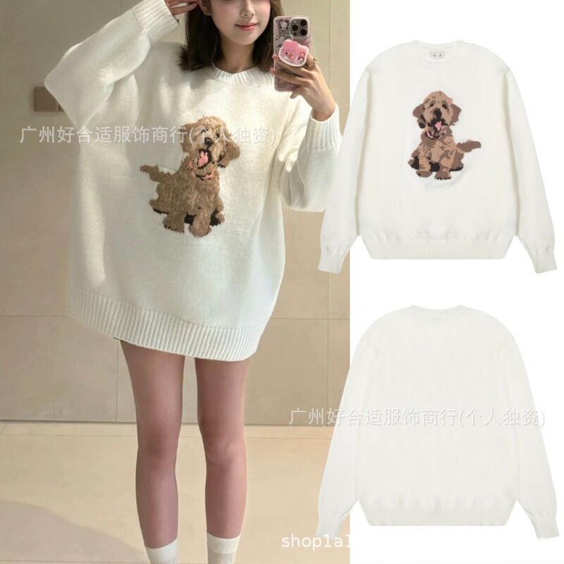 Hollister Jacquard Golden Retriever Puppy Round Neck Knitted Sweater Fabric Is Soft and Waxy, Loose and Casual Fit