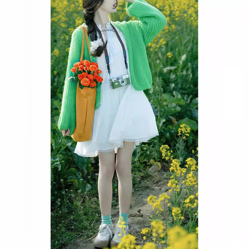 Mori Girl Style Outfit 2026 Spring Collection, High-End Fashion for Petite Figures, Tea Break French-Style White Dress with Cardigan