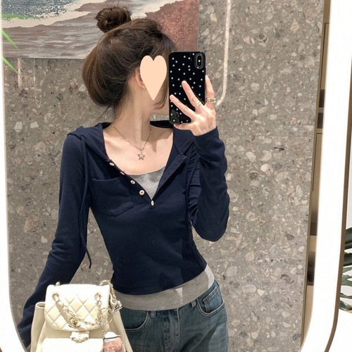 Exquisite Design Button-Up Long-Sleeve Hooded Top for Women, Spring and Autumn, Slimming and Body-Concealing, Two-Piece Style, Unique and Niche Apparel, 300 Pounds Specialty Button