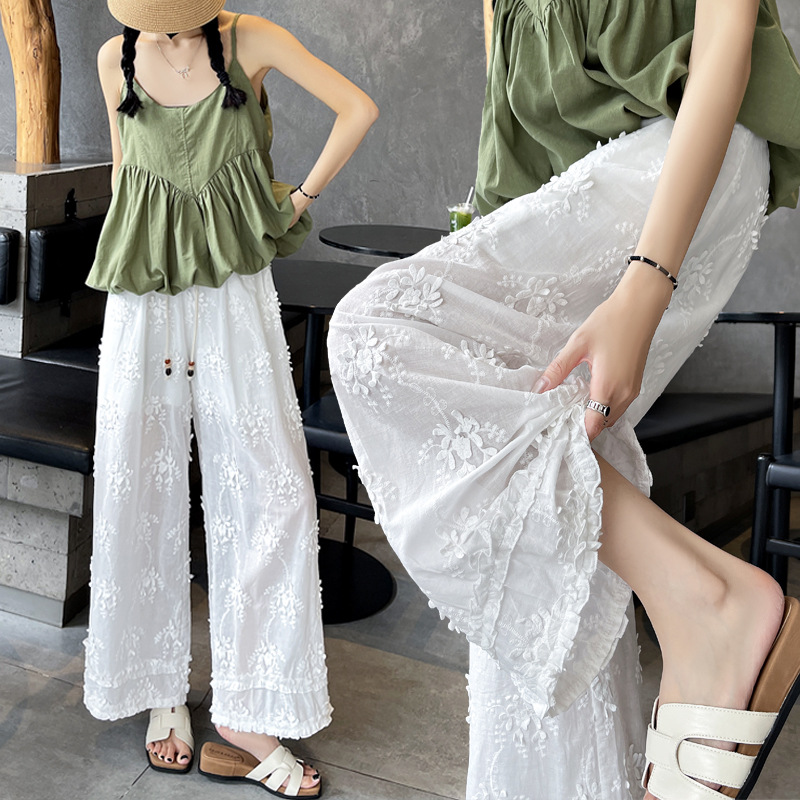 重工浮雕提花八九分阔腿裤女夏季白色镂空小个子木耳边花边直筒裤