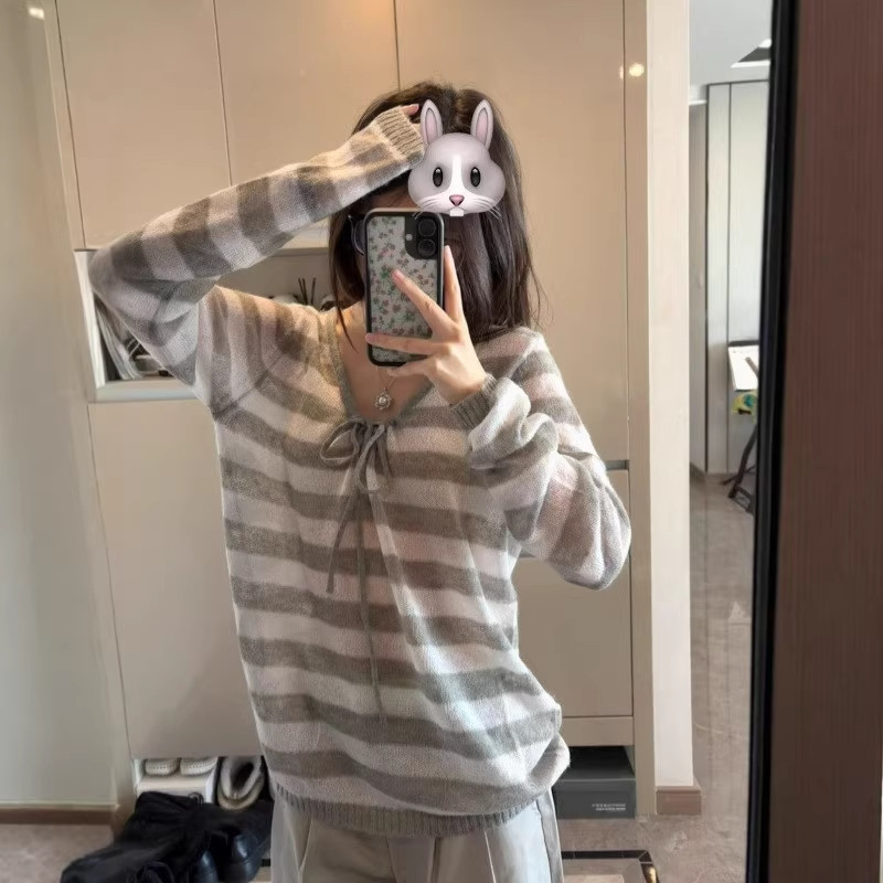 Korea! Gray Striped Off-Shoulder Sun-Protective Knit Top for Women, New Spring/Summer Style, Loose Hollow-Out Tie-Up Cover-Up Blouse, Trendy Korea! Gray Striped Off-Shoulder Sun-Protective Knit Top for Women, New Spring/Summer Style, Loose Hollow-Out Tie-Up Cover-Up Blouse, Trendy