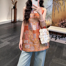 新中式桑蚕丝蜀锦印花中长款上衣单层薄款夏季马甲女