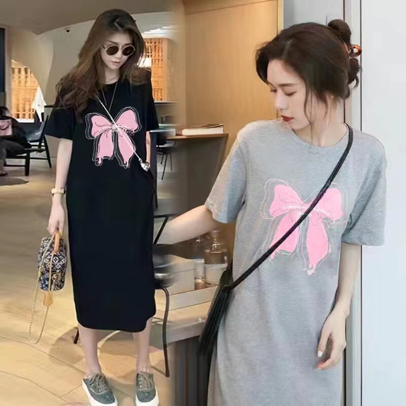 2023 Summer Outfit Fashion Pregnant Women's Large Size Clothes Dress Short-sleeved Women's Loose Mid-length Half-sleeved T-shirt Trendy