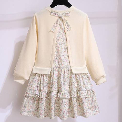 Girls' dress spring long-sleeved fashionable fake two-piece sweatshirt spliced ​​floral skirt spring and autumn children's princess skirt