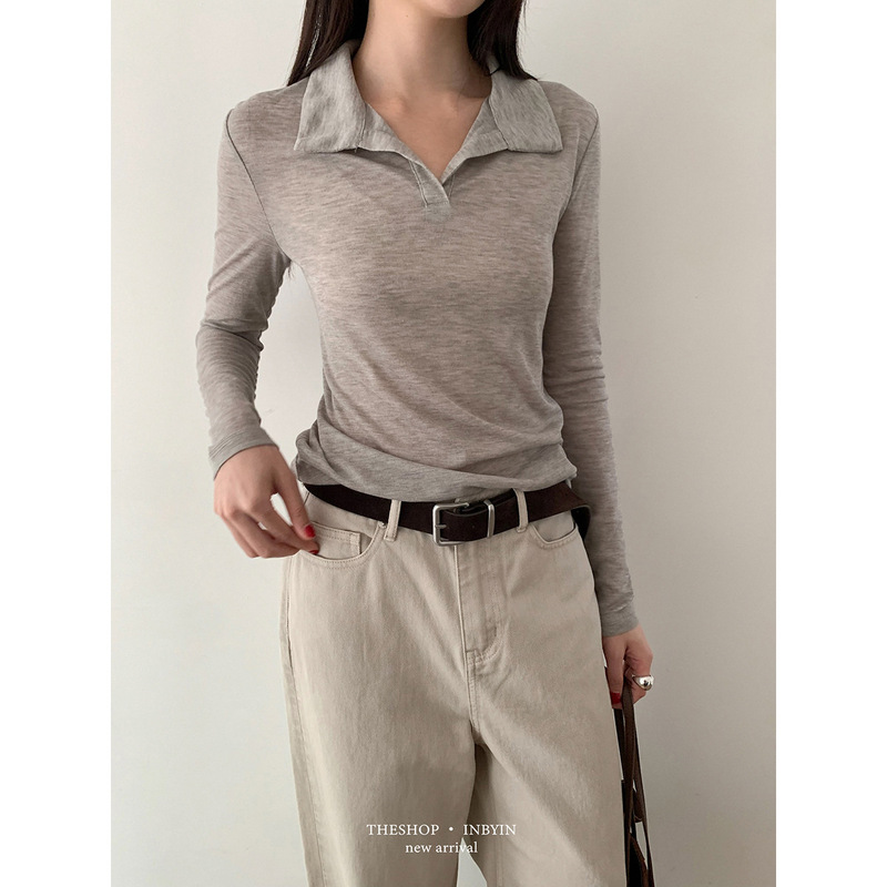 【No Returns or Exchanges】Women's New Style Top with Tie Waist Design, Sheer Lapel, Slimming Long-Sleeve T-Shirt