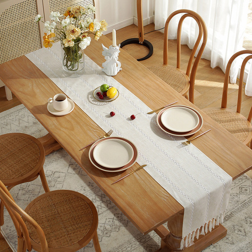 Nordic simple striped solid color table flag cotton and linen fabric handmade tassel coffee table cloth table mat home long tablecloth