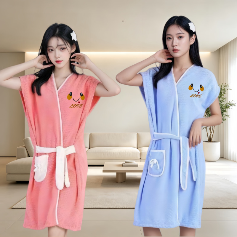Coral fleece pineapple pattern bathrobe, wearable adult women's bath skirt with embroidered smiley face, export-quality bath towel and beach towel