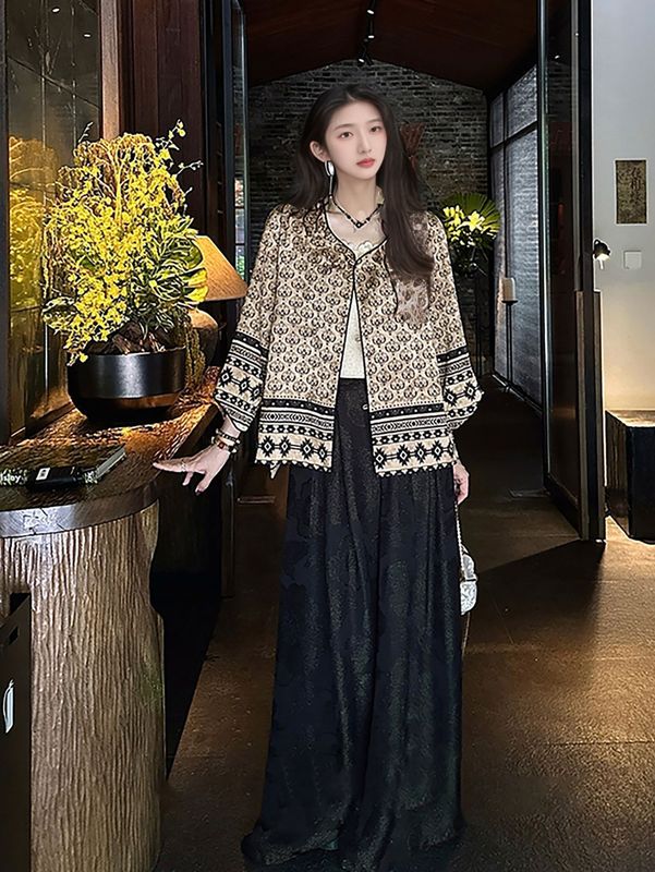 新中式国风女装人丝提花阔腿长裤秋季织金设计缎面垂垂裤子 N8046|undefined