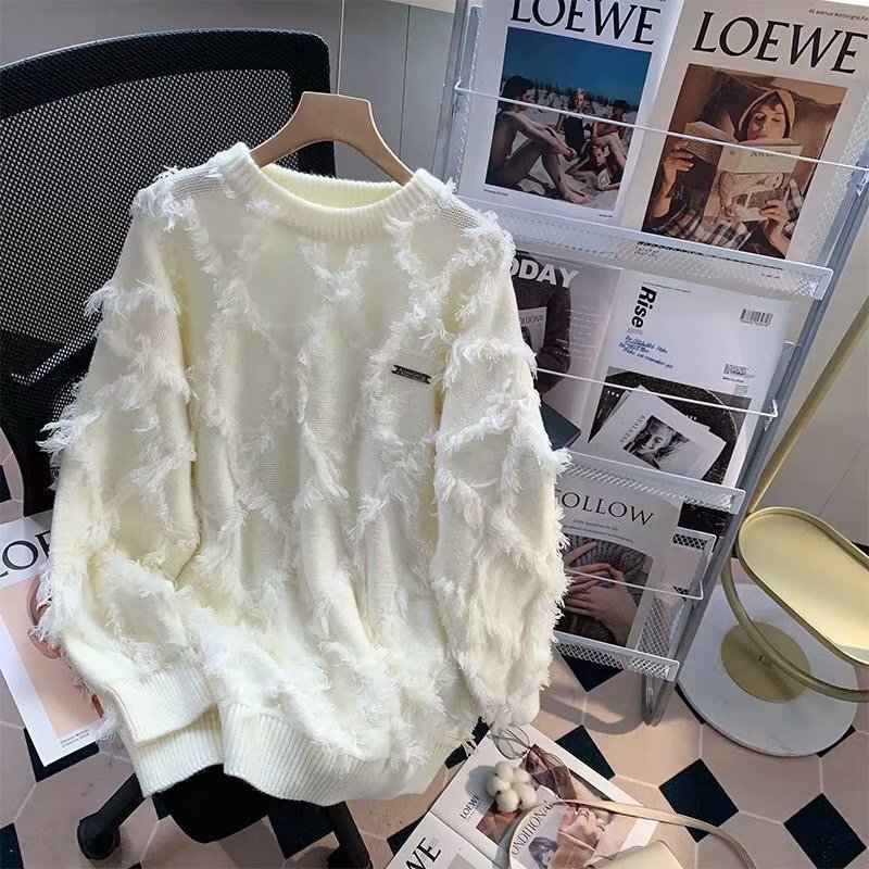 High-end super good-looking design tassel white loose sweater pullover men's 2024 winter new lazy wind thickened