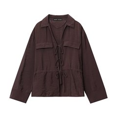 跨境女装批发 纯色翻领口袋饰系带宽松衬衫2025早秋新款欧美女装