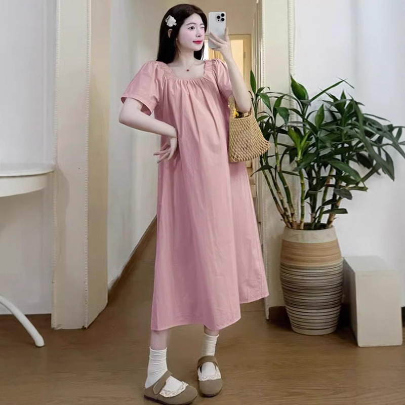 Pregnant Women dress Summer 2025 New Fashion plus size Loose Square Collar Pink Long Dress Summer Wear in Early Pregnancy