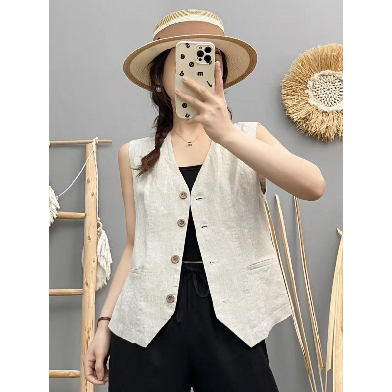 2025 Summer New Pure Linen Single-Breasted Sleeveless Vest for Women, Versatile Retro Literary Style Foreign Style Outerwear