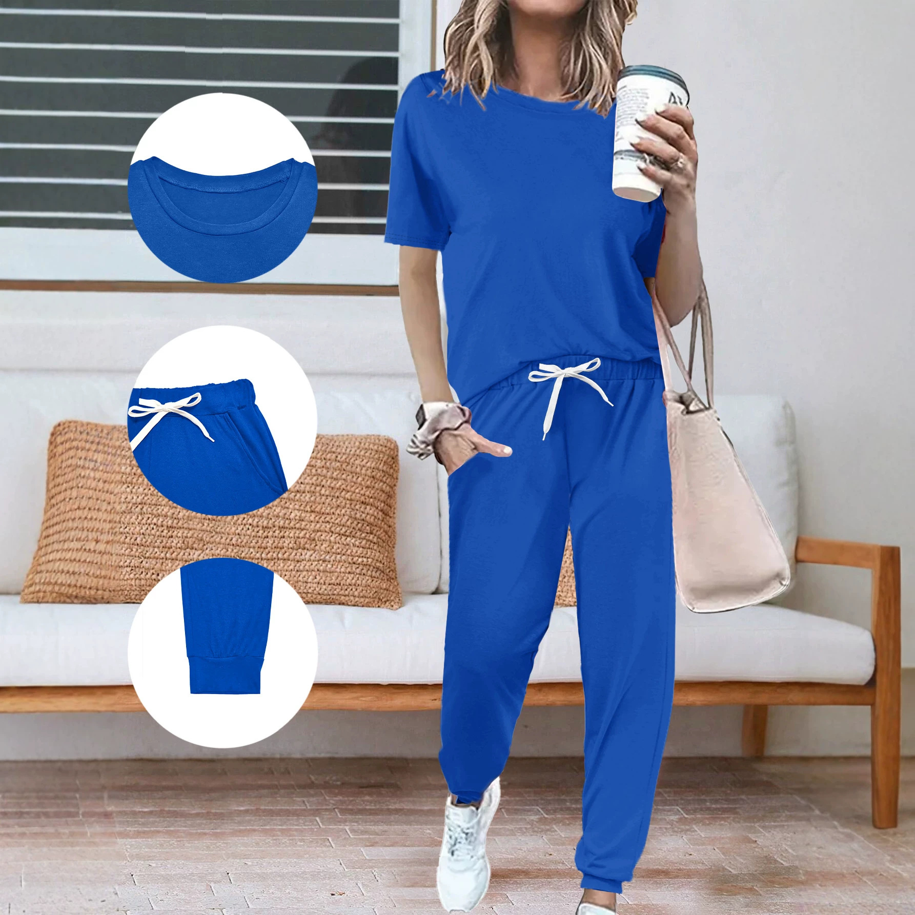 Completo da donna composto da top a maniche corte con scollo rotondo e pantaloni, due pezzi coordinati, ideale per l'estate._voghion.com