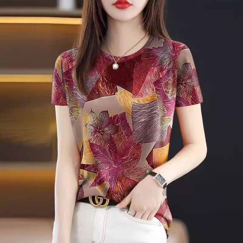 Clearance Sale~ Mom's Short Sleeve Round Neck Base Shirt High-End Printed Fashion Age-Reducing Tummy-Concealing Women's Top