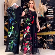 跨境外贸批发欧美亚马逊夏新款圆领印花时尚短袖中长款连衣裙