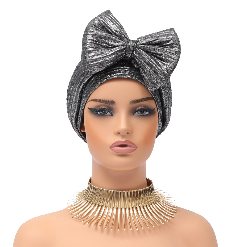 Muslim hat Fashion hot gold forehead big bow African bun hat stretch comfortable headscarf hat_viptrois.com