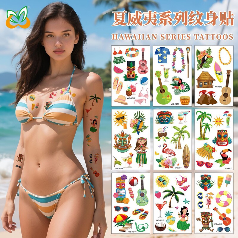 Cross-Border European and American Hawaiian Seaside Tattoos Summer Waterproof Sweat-Proof Beach Party Disposable Temporary Tattoo Stickers