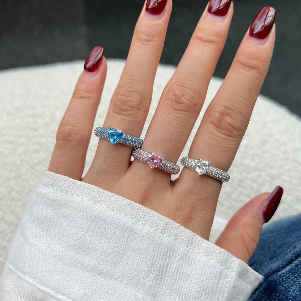 6g Weight Rhinestones Inlay Material Rings Classification 1 Piece Quantity 925 Sterling Silver Rhinestones Heart Shape Rings