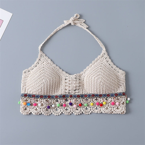 Halter neck camisole lace-up hollow tube top embroidered knitted bohemian ethnic style short women's top