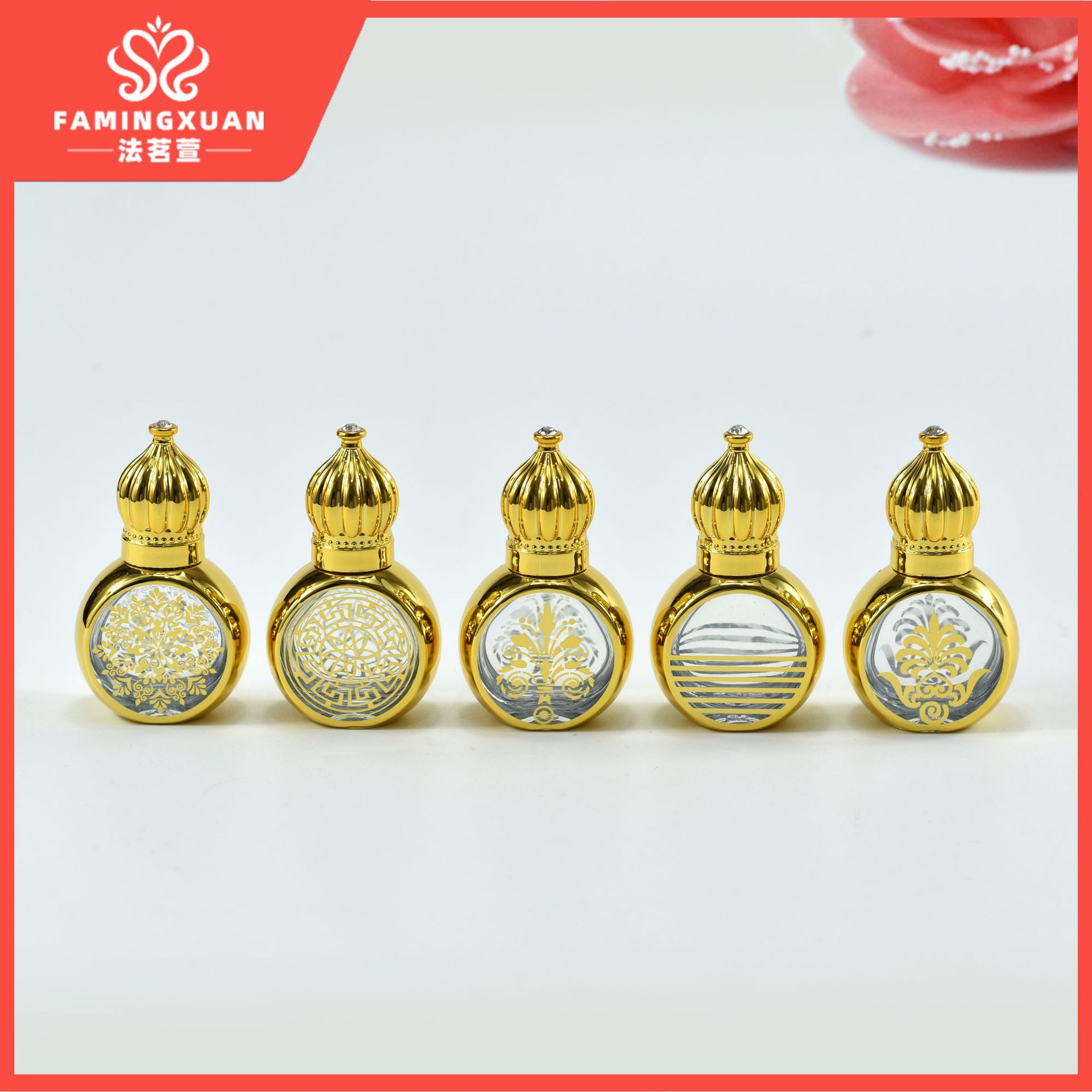 Faimingxuan sub-embalaje botella vacía botella de vidrio a granel perfume botella vacía 10ML botella de perfume de bola de vidrio dorado