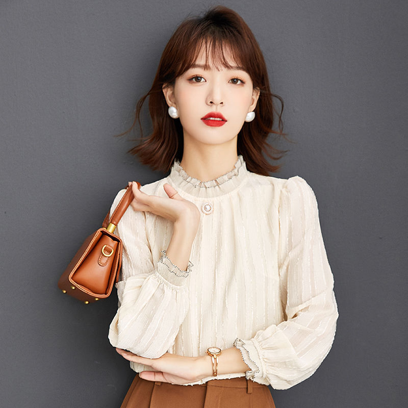 加绒蕾丝打底衫女秋冬新款韩范半高领时尚女士雪纺小衫保暖上衣潮|undefined