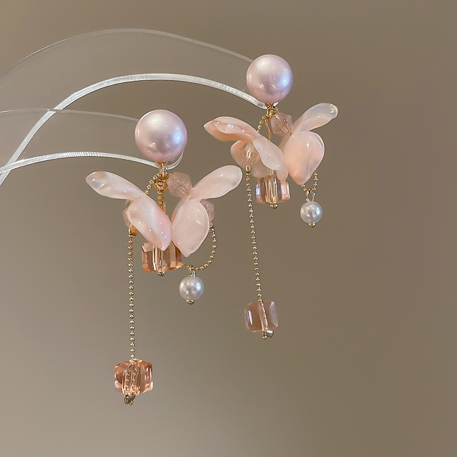 Pendientes de borla de flores de tela de aguja de plata Pendientes de estilo de vacaciones junto al mar