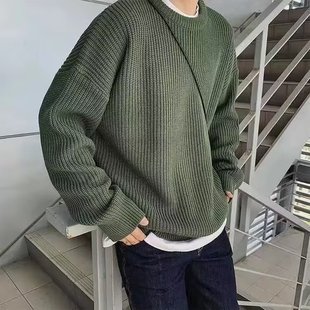 Factory Direct Sales Round Neck Solid Color Sweater Men's Autumn and Winter Loose Korean Style Thickened Sweater Personalized Bottoming Sweater Top