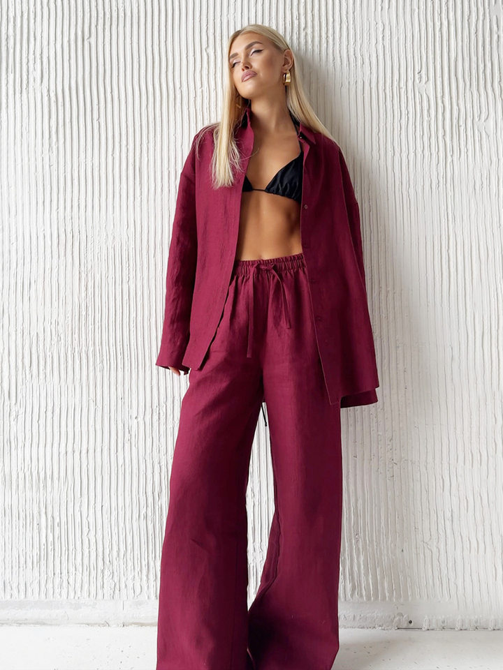 Bộ áo sơ mi dài tay rộng rãi kèm quần dài cotton phong cách thường ngày — Màu trắng nhạt, hồng, màu cà phê, màu trắng chi tiết 33