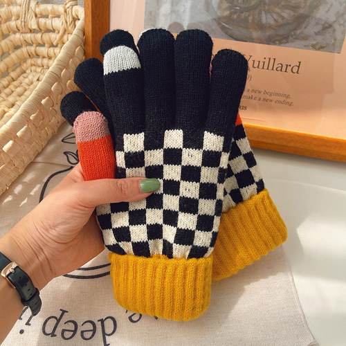 Korean Style Checkered Adult Knit Warm Gloves Winter Unisex Couples Large Double Layer Thick Fleece