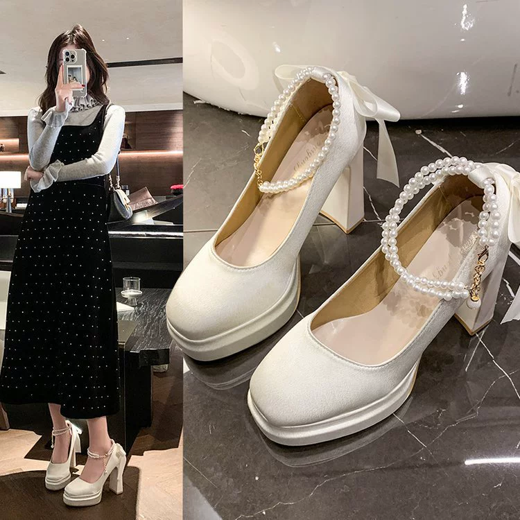 Водонепроницаемый стол французская красивая обувь Мэри Джейн Барби квадратная невеста свадебная обувь атласная с толстыми каблуками на высоких каблуках