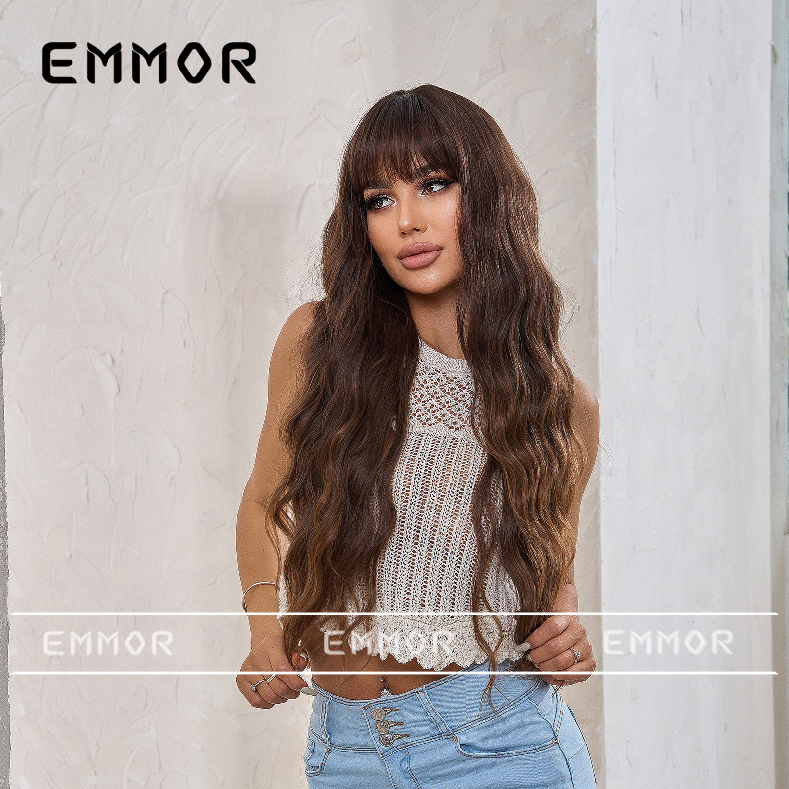 Estilo europeo y americano gradiente marrón recto flequillo lana rizado largo pelo rizado moda elegante seda de alta temperatura fibra química peluca cabeza cubierta