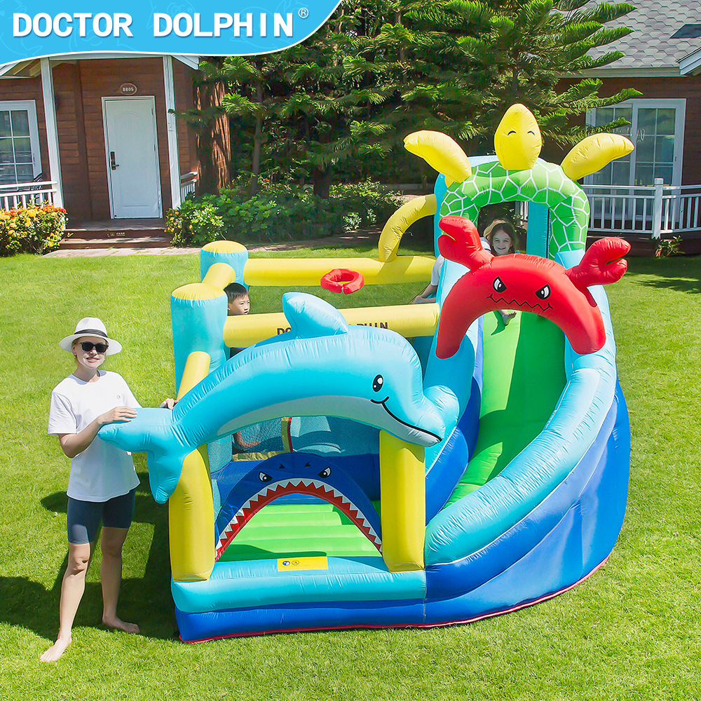 Castillo Inflable para Niños Doctor Dolphin, Cama Elástica Inflable para Interiores y Exteriores, Castillo Inflable Pequeño con Tobogán para Niños
