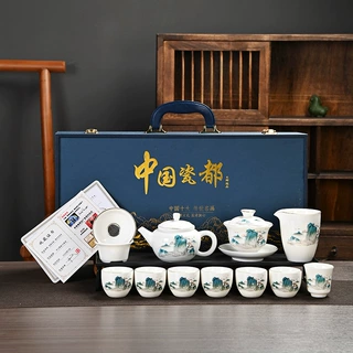 13头高档羊脂玉茶具套装整套陶瓷白瓷描金线大礼盒定制logo伴手礼