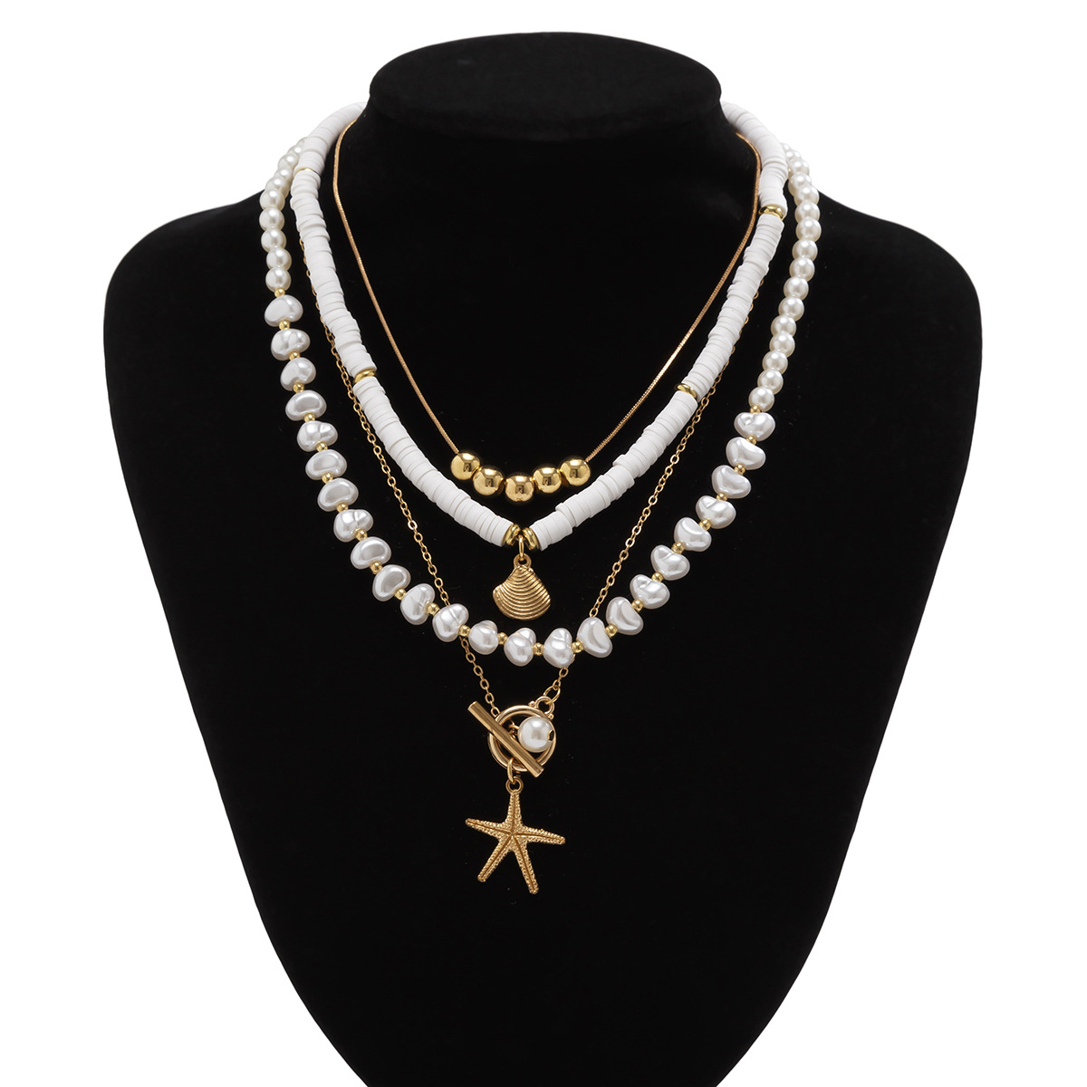 Plating Design Bohemian Starfish Shell Imitation Pearl CCB Alloy Soft Clay Beaded Chain Cable Chain Layered Necklaces Wholesale
