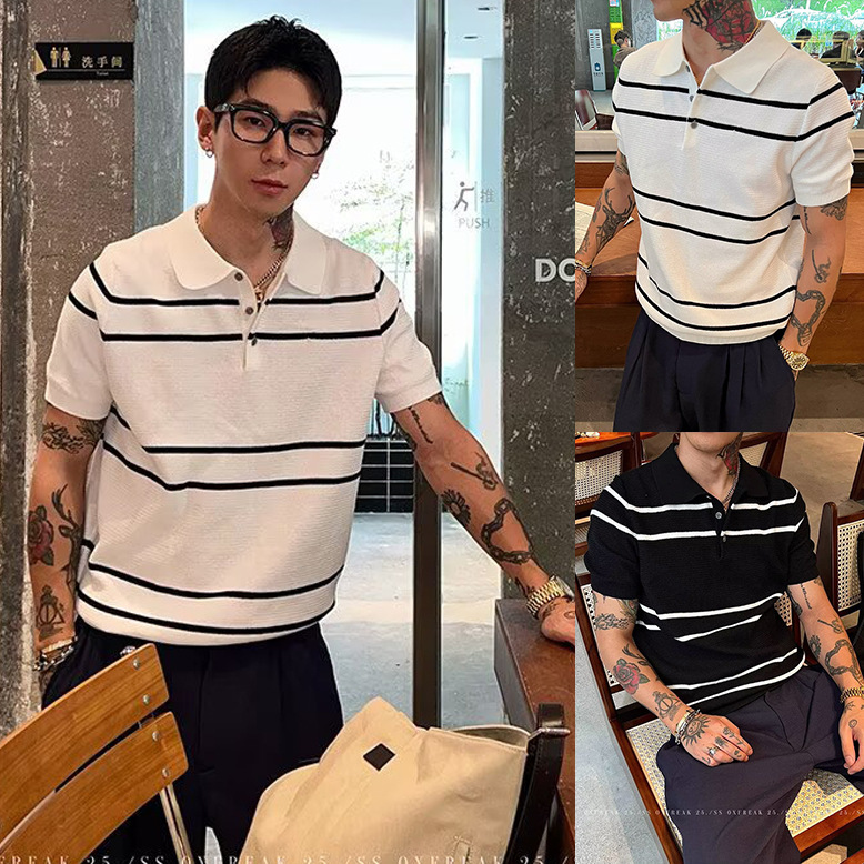Camisas de polo de manga corta de estilo antiguo, camisetas de punto de hombre, camisetas de negocios de verano a rayas, fábrica al por mayor.