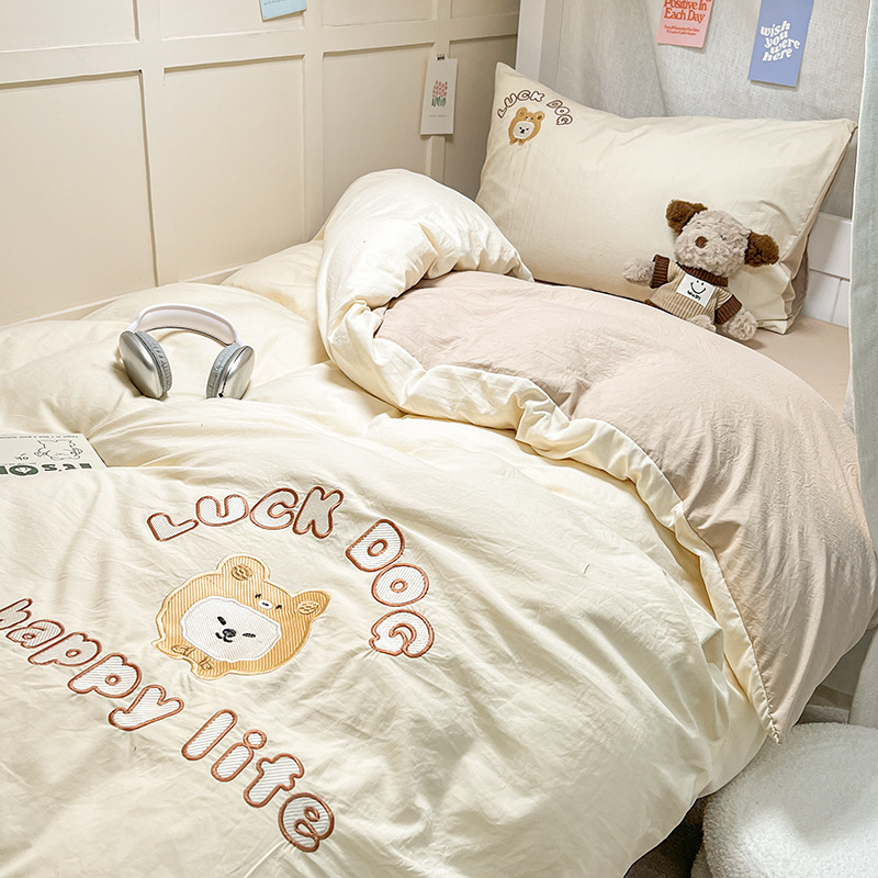 Bordado de cuatro piezas de algodón lavado 2024 nueva ropa de cama funda de edredón sábana dormitorio de estudiantes sábana de tres piezas 34