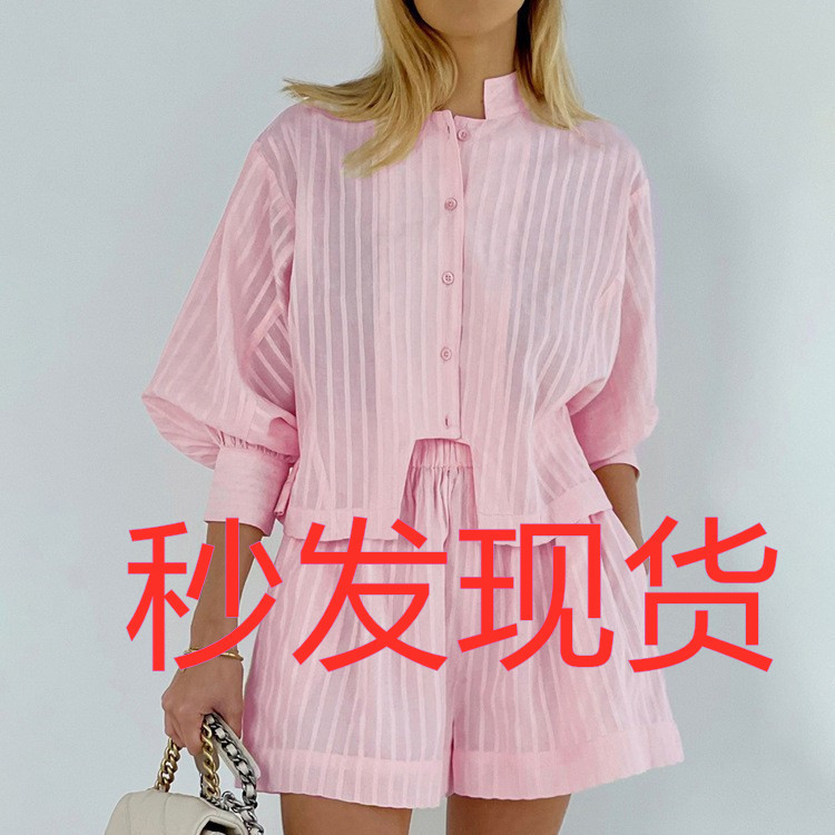 Foreign Trade Women's Clothing Cross-Border New Style 100% Cotton Jacquard Stripesd Casual Stand-Up Collar Puff Sleeve Button Shirt Shorts Suit