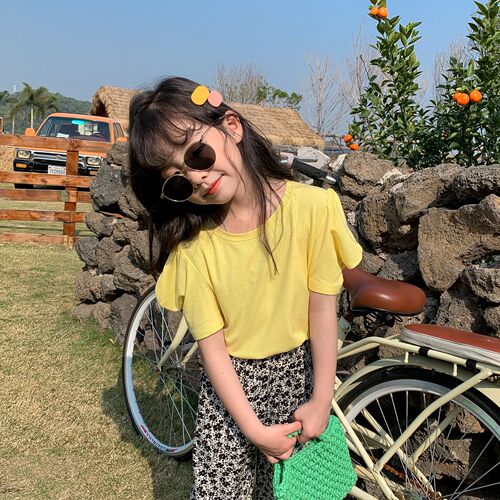 Korean style girls puff sleeve T-shirt summer style  new solid color high elastic short-sleeved t children's outer wear foreign style top
